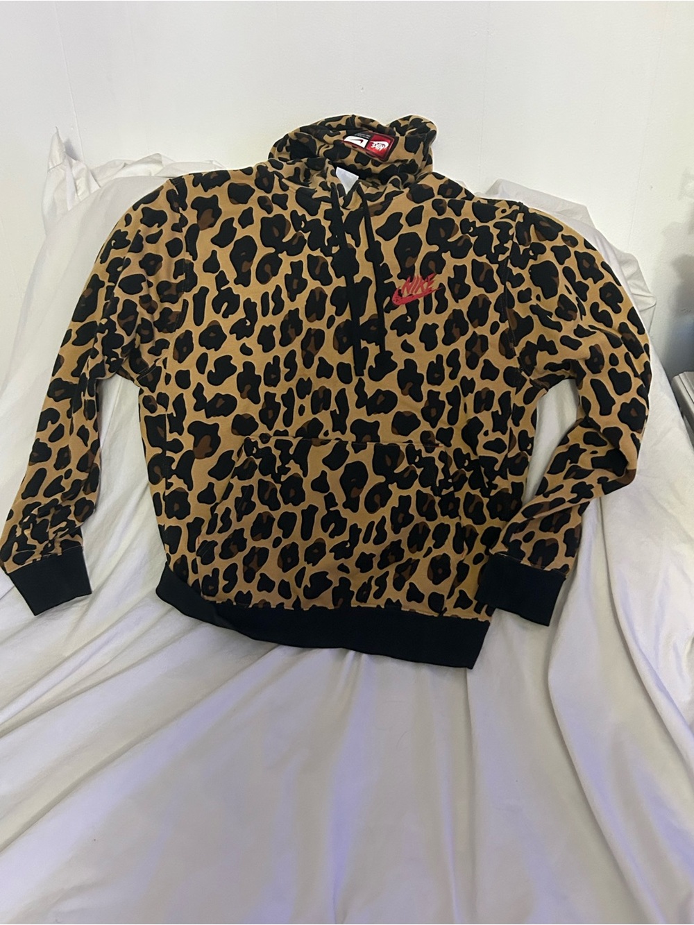 Nike Leopard Print Pullover Hoodie in Tan, Black with Red Logo - Picture 3 of 7